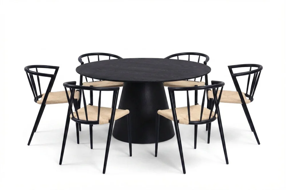 Siena Spisegruppe rund 150 cm Svart med 6 Winston spisestoler v:6876131