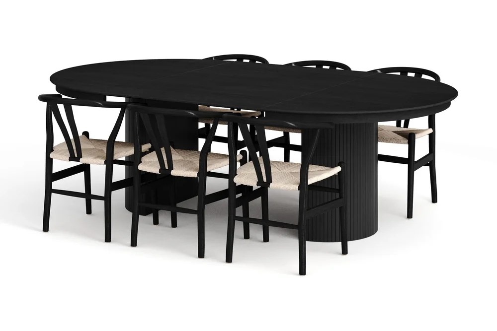 Kopparbo matgruppe, uttrekkbar og rund 140–220 cm, svart, med 6 Dastoori-spisestoler v:5488844