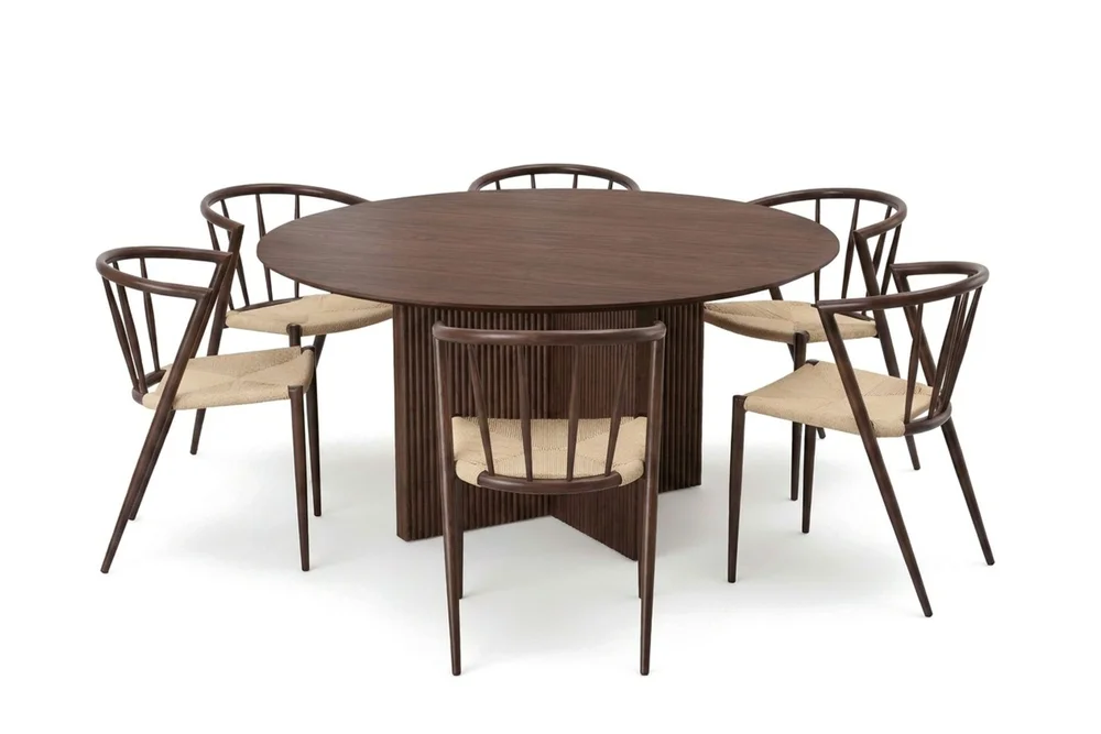 Edda spisegruppe rund 150 cm valnøtt med 6 Winston spisestoler v:7745055