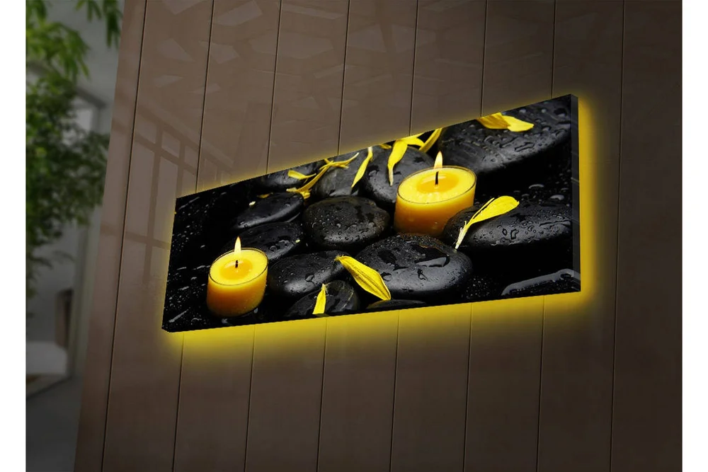 Lerretsbilde med LED-belysning 30x90 cm - Beroligende komposisjon med svarte steiner og brennende lys v:1503492