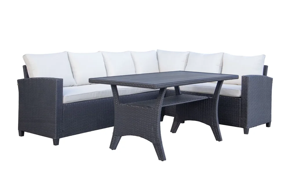 James Light Stor L-formet Vendbar Loungegruppe for Utendørs i Kunstrotting med Oppbevaring og Hvite Puter v:9155660