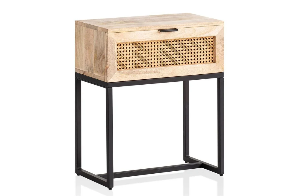 Nattbord Wohnling Solid Mangotre med 1 Skuffe med Wienerflettverk I Industrielt Utseende v:6912481