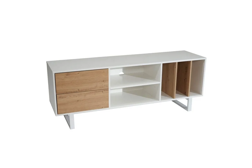 Lavbord Wohnling moderne sponplate, 2 skuffer, oppbevaringsbrett, metallben, moderne stil Hvit, eik v:2292549