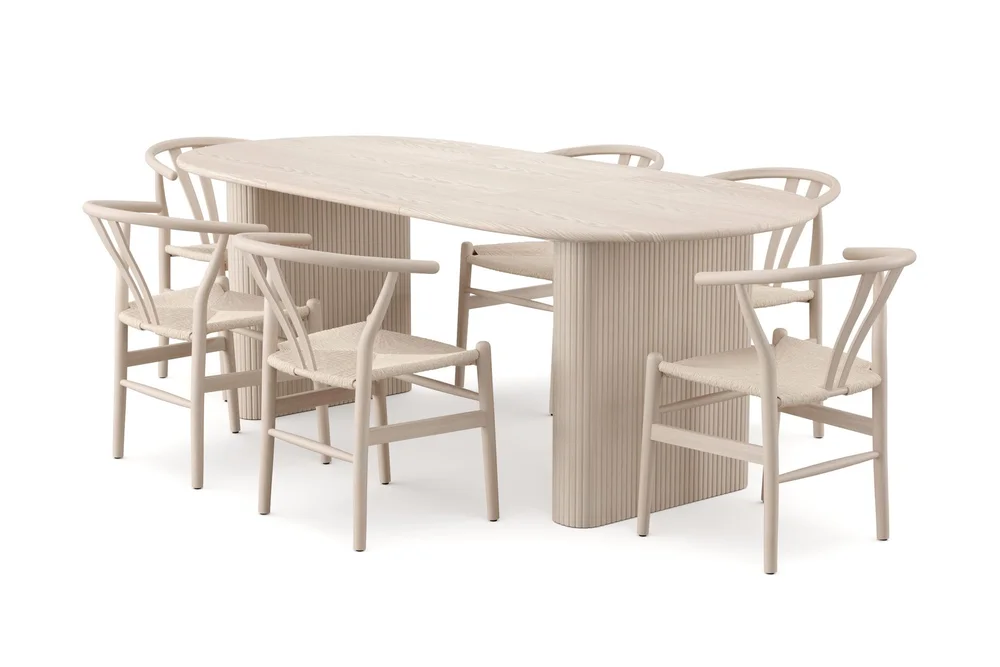 Noira spisegruppe uttrekkbar 160–220 cm hvitlasert med 6 Dastoori spisestoler v:2279996