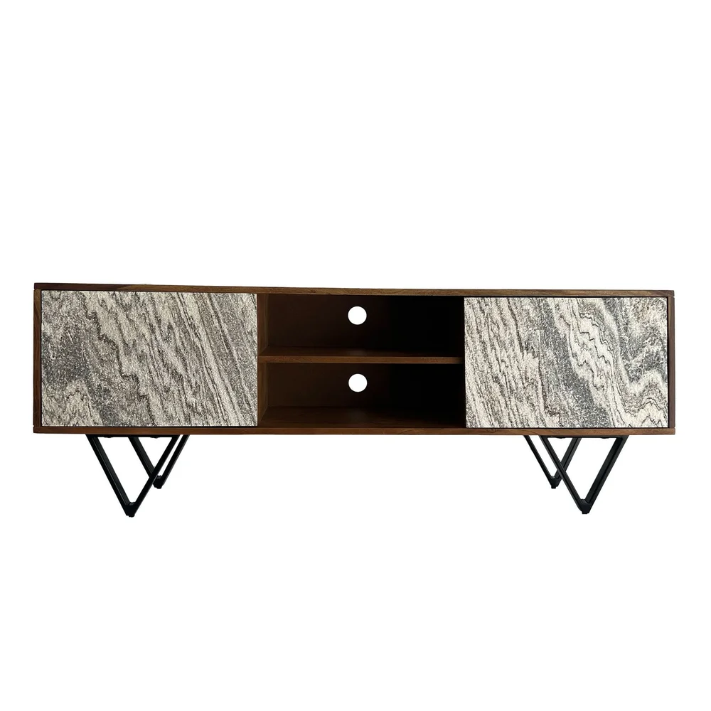 Venlor TV-benk 150x56x35 cm i massivt sheeshamtre med hvit steinlook v:6255712