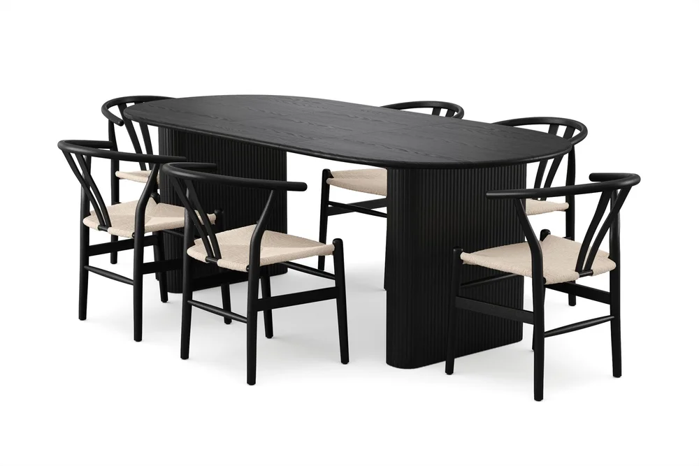 Noira spisegruppe, uttrekkbar 160–220 cm, svart med 6 Dastoori spisestoler v:6764516